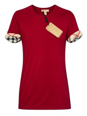 Burberry Red Crewneck T-Shirt with Check-Trim Sleeves